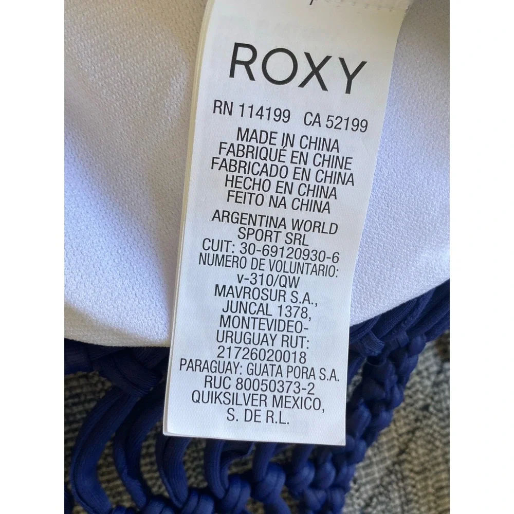 Roxy High-Neck Macrame Halter Bikini Crop Top Blue White Geometric‎ Sz S NWT $64